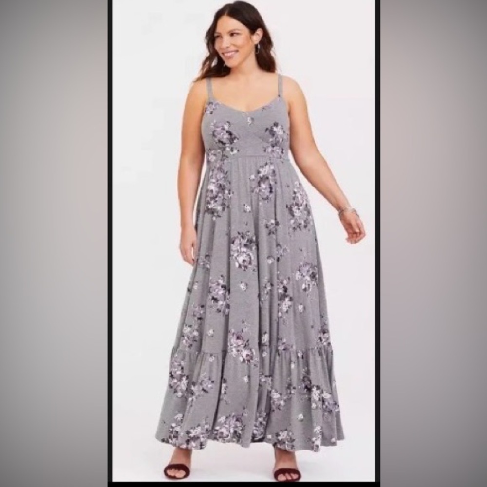 Torrid 2x Tiered Gray Floral Maxi Sleeveless Dress with Spaghetti Straps